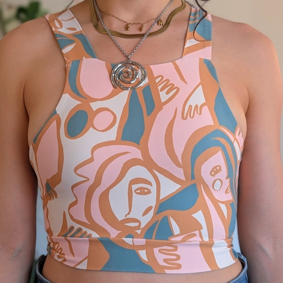 Dazey LA Abstract Floral Crop Tank - Pink, Peach & Teal - Picture 2 of 9